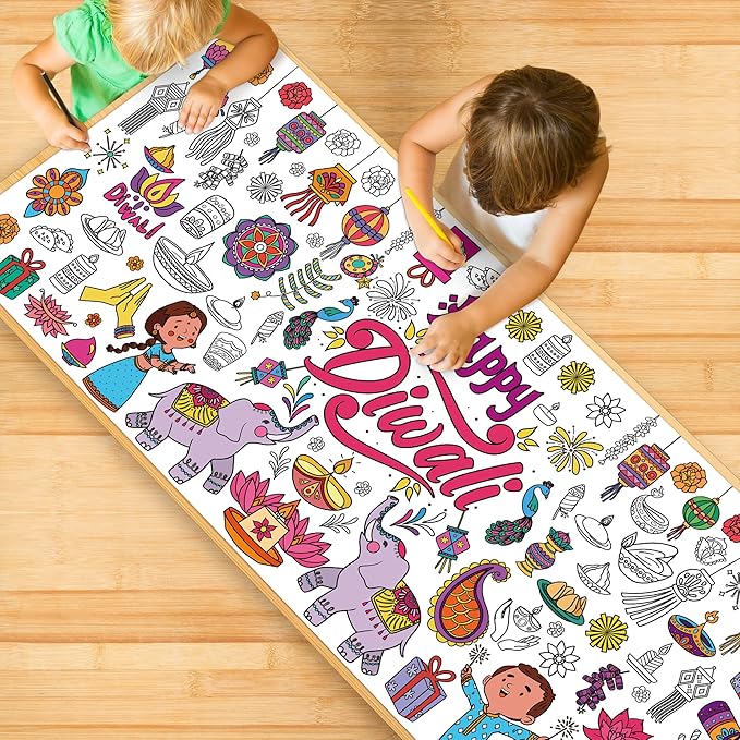 OHOME Diwali Giant Coloring Poster/Tablecloth - Diwali Decorations for Home - 30 x 72 Inches Jumbo Coloring Banner Kids Crafts Activities Decor Party Decorations | Diwali Gifts