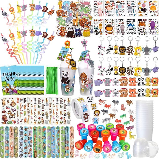 Poen 212 Pcs Jungle Party Favors Set Include Cup Straw Stamp Clap Bracelet Keychain Ring Puzzle Sticker Animal Miniature Card for Birthday Party Baby Shower Goody Bag Stuffer