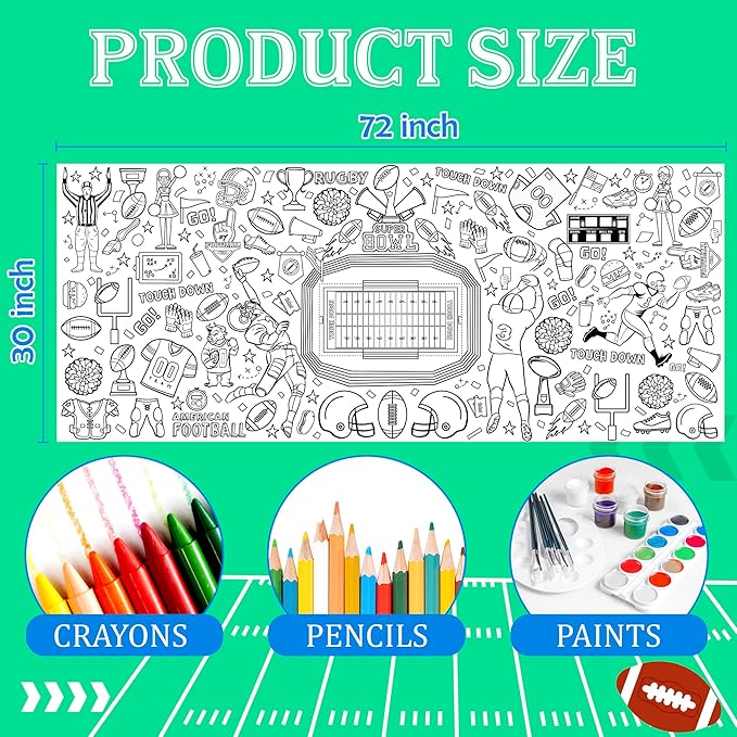 OHOME Football Giant Coloring Poster/Tablecloth - Superbowl Party Decorations 2025-30 x 72 Inches Jumbo Coloring Banner Kids Crafts Activities Decor Party Supplies