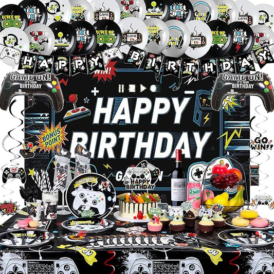 Video Game Birthday Decorations, 168 Pcs Black Gaming Party Supplies Serves 10 Guests Birthday Themes for Boys