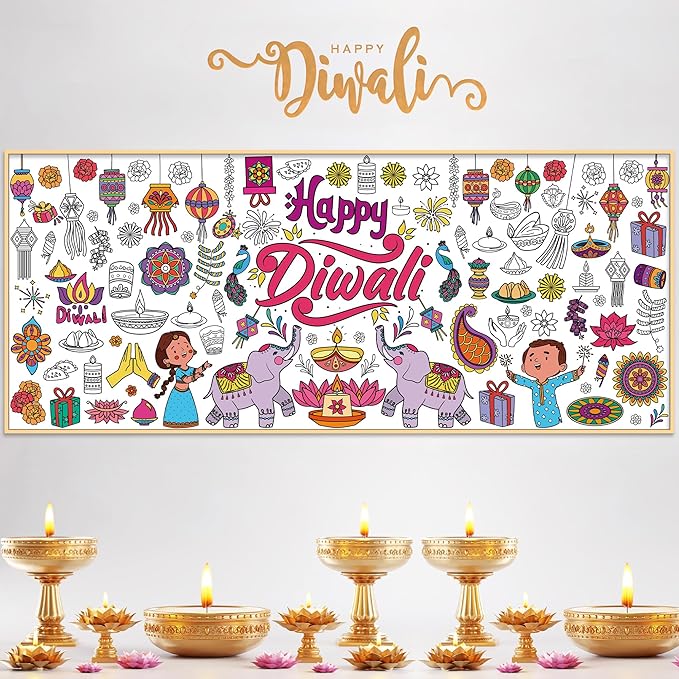OHOME Diwali Giant Coloring Poster/Tablecloth - Diwali Decorations for Home - 30 x 72 Inches Jumbo Coloring Banner Kids Crafts Activities Decor Party Decorations | Diwali Gifts
