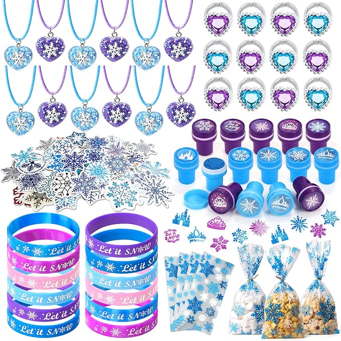 Winrayk 130Pcs Frozen Party Favors Birthday Supplies Heart Necklace Silicone Bracelet Stamper Snowflake Sticker Gift Bag Ring Pinata Filler Goody Bag Stuffer Kid Girl Winter Elsa Frozen Party Supplies