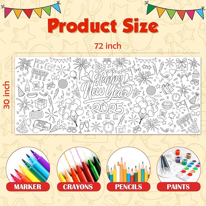 OHOME Happy New Year Giant Coloring Poster/Tablecloth - New Years Decorations 2025-30 x 72 Inches Jumbo Coloring Banner Kids Crafts Activities Party Decorations | New Years Eve Party Supplies